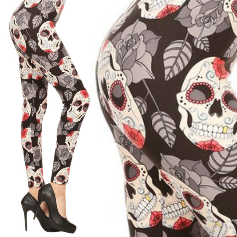 Leggings - Butter Soft US Women's Size 3-14 - Leaves of Mind and Skull
